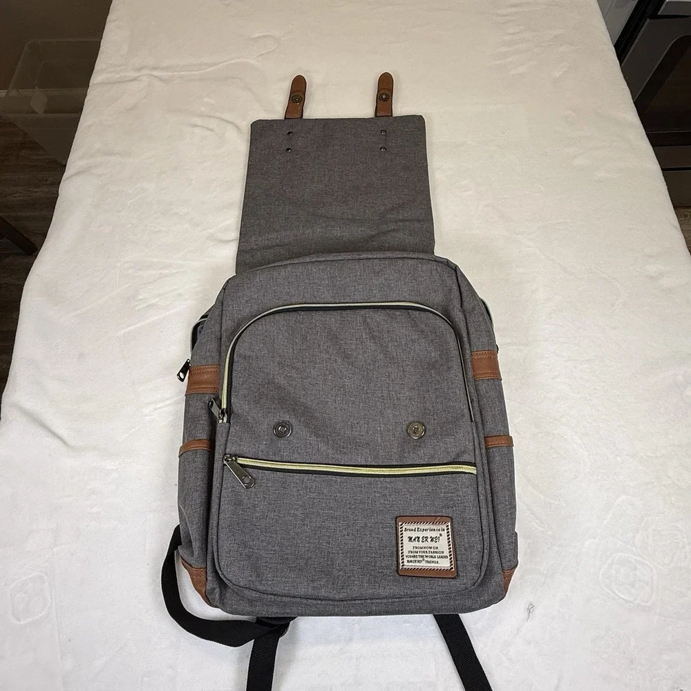 Vintage Gray Canvas Laptop Backpack Travel School Book Bag Faux Leather Trim